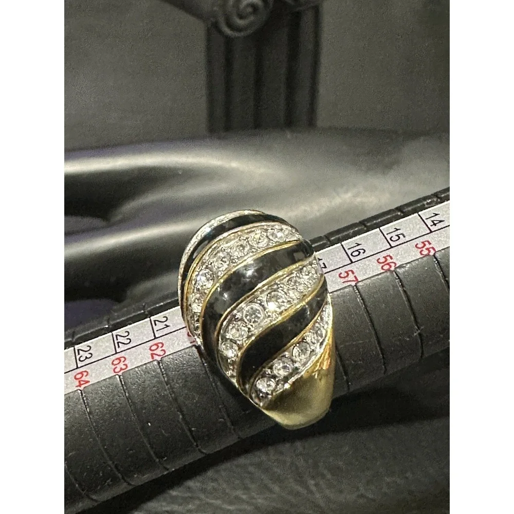 Black Enamel Clear Rhinestone Swirl Design Statement‎ Ring Gold Tone Sz 9 EDCO